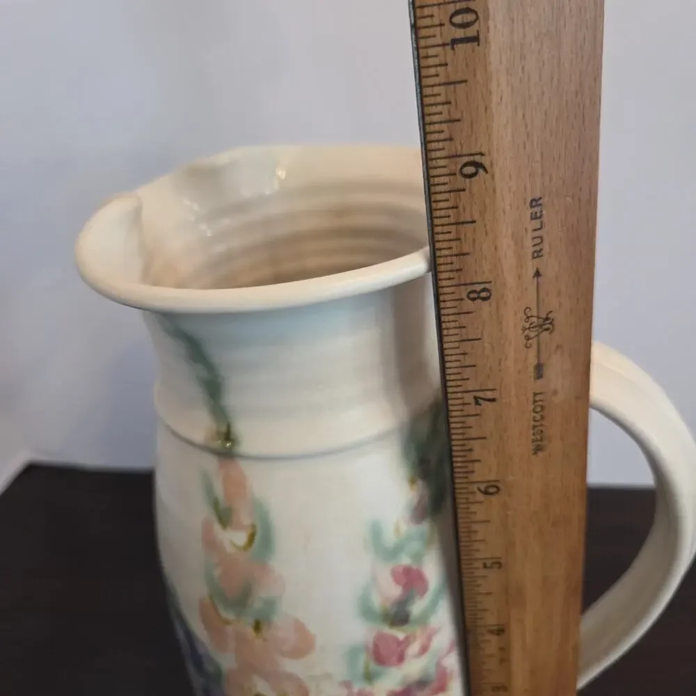 Clouds Folsom Pottery CA Handcrafted Pitcher Vase Handpainted Floral 1994 8.5